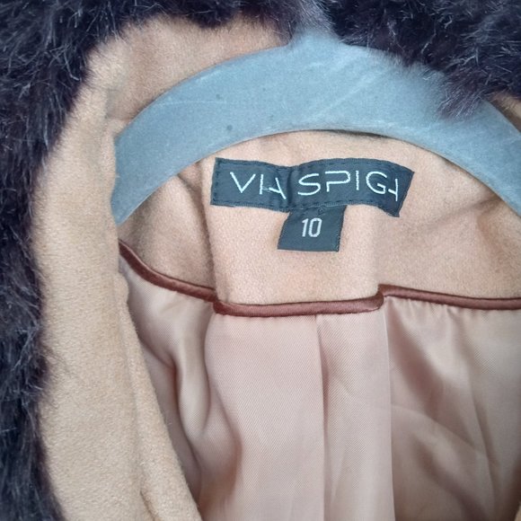 Via Spiga Women's Brown Trench Coat with Faux Fur Collar Sz 10 - Picture 5 of 11